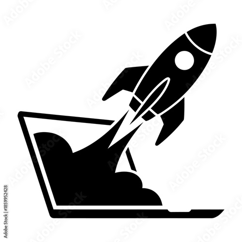 black silhouette of a rocket launching from a laptop screen in a dynamic design