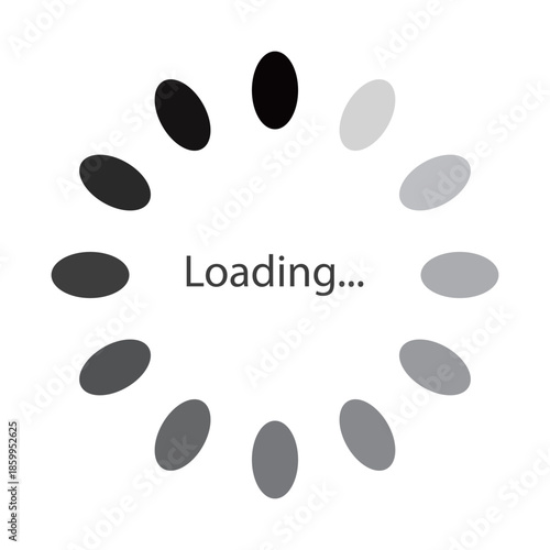 モノクロのグラデーションの卵型の楕円が円状に並ぶローディングのマークのベクターイラスト。Webサイトやゲーム、データなどの読み込み中を表すフラットなUIアイコン