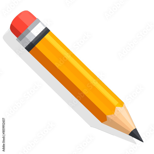 A Detailed Illustration of a Yellow Wooden Pencil with a Red Eraser and Graphite Tip on a White Background