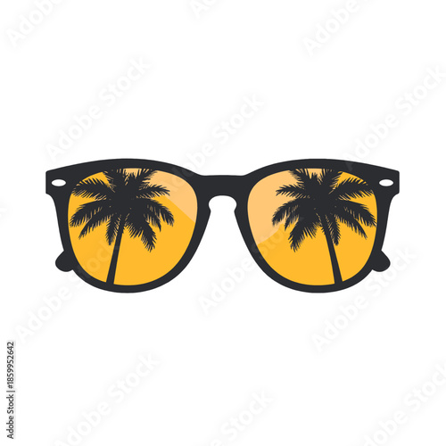 Stylish Black Sunglasses Reflecting Palm Trees and Orange Sky on White Background