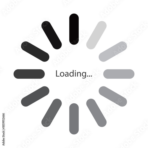 モノクロのグラデーションの太い角丸のラインが円状に並ぶローディングのマークのベクターイラスト。Webサイトやゲーム、データなどの読み込み中を表すフラットなUIアイコン