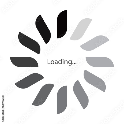 モノクロのグラデーションの流体シェイプが円状に並ぶローディングのマークのベクターイラスト。Webサイトやゲーム、データなどの読み込み中を表すフラットなUIアイコン