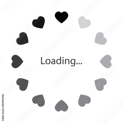 モノクロのグラデーションのハートが円状に並ぶローディングのマークのベクターイラスト。Webサイトやゲーム、データなどの読み込み中を表すフラットなUIアイコン