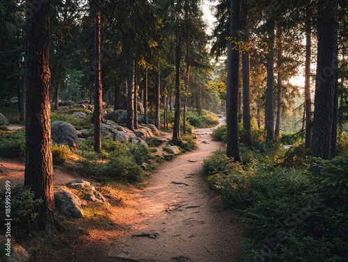 A sun-drenched forest path winds through a dense pine woodland, inviting exploration and offering a serene escape into nature.