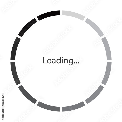 モノクロのグラデーションの細い帯が円状に並ぶローディングのマークのベクターイラスト。Webサイトやゲーム、データなどの読み込み中を表すフラットなUIアイコン