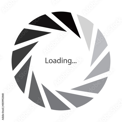 モノクロのグラデーションのシャッターレンズのようなローディングのマークのベクターイラスト。Webサイトやゲーム、データなどの読み込み中を表すフラットなUIアイコン