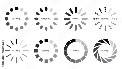 8種類のデザインのモノクロのグラデーションのローディングマークのベクターイラストセット。Webサイトやゲーム、データなどの読み込み中を表すフラットなUIアイコン。王道でシンプルなロード中の表示の詰め合わせ