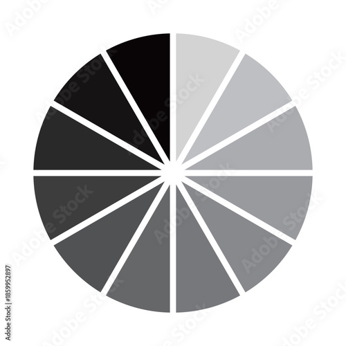 モノクロのグラデーションの円を12等分したローディングのマークのベクターイラスト。Webサイトやゲーム、データなどの読み込み中を表すフラットなUIアイコン