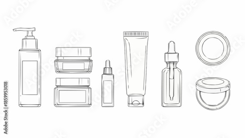 Collection of cosmetic containers and bottles hand drawn sketch.