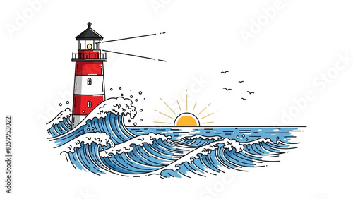 Red and White Striped Lighthouse with Waves and Sunset Illustration.