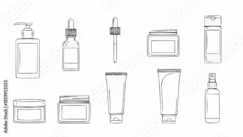 Collection of cosmetic containers and bottles hand drawn sketch.
