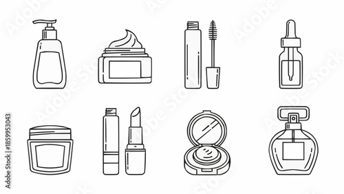 Collection of cosmetic products and beauty items in line art style.