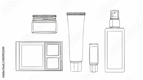 Collection of cosmetic containers and packaging line art illustration.