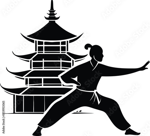 Silhouette Of A Person Doing Tai Chi In Front Of A Pagoda