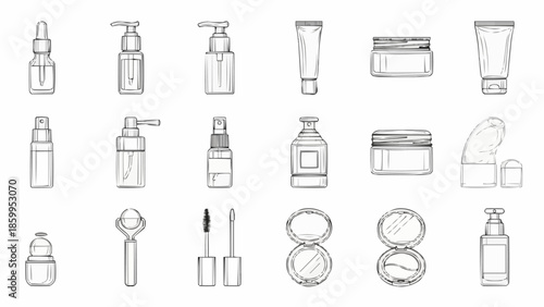Collection of cosmetic products and containers hand drawn sketch.