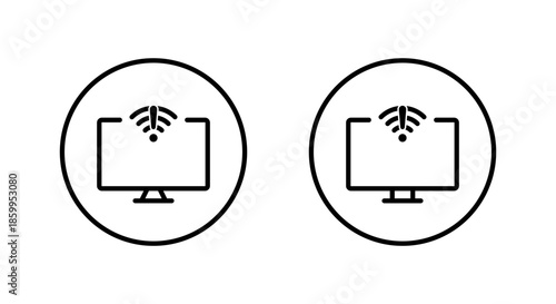 Computer monitor with internet connection error icon. Wifi warning and network problem symbol in circular outline