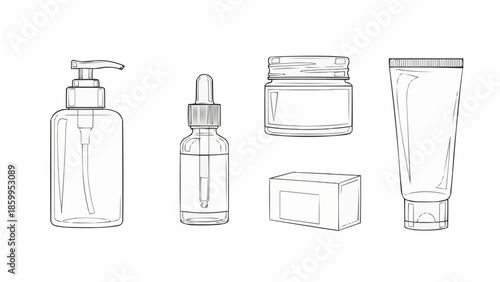 Collection of cosmetic products in line art style.