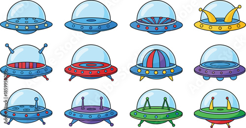 Colorful UFO and spaceship cartoon illustration set with various designs for space adventure and sci-fi conceptsColorful UFO and spaceship cartoon illustration set with various designs for space adven