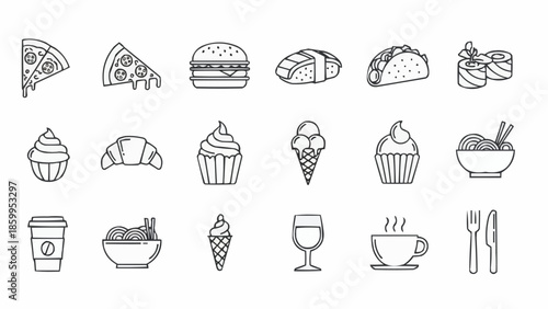 Collection of delicious fast food and drink icons in outline style.