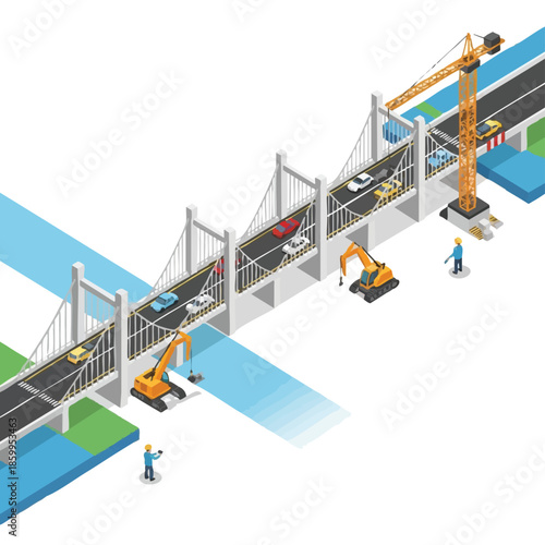 bridge construction site with cranes and excavators.