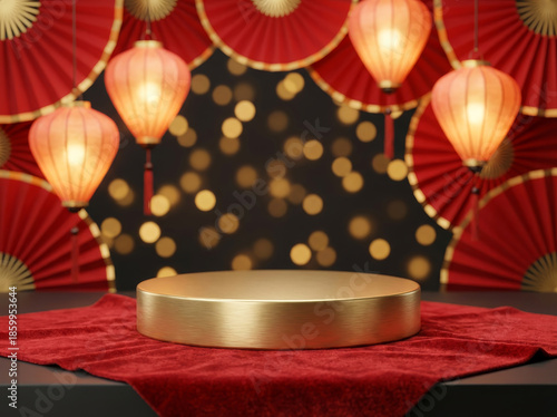 Empty gold podium stand on red velvet table with blurred paper fans and lanterns background. Chinese New Year product display mockup.