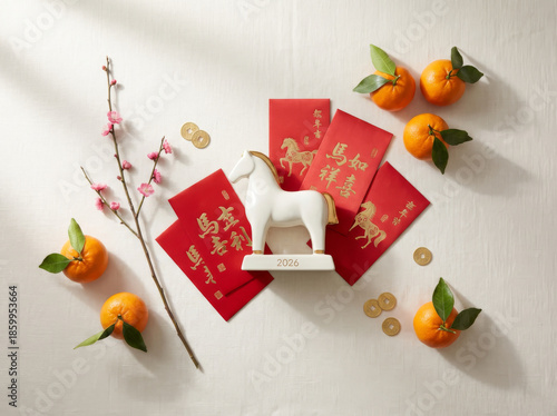 Top view flat lay of white ceramic horse figurine 2026 with red envelopes and mandarin oranges. Year of the Horse Lunar New Year concept.