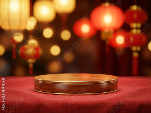 Round wooden podium on red cloth with glowing lanterns bokeh background. Traditional Lunar New Year product showcase stage.
