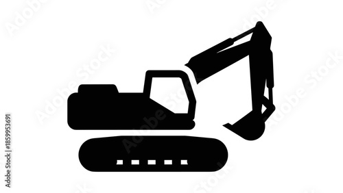 Black Silhouette of Excavator Heavy Machinery.