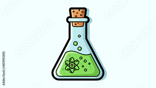 Conical Flask with Green Liquid and Atom Symbol.