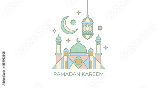 Ramadan Kareem Islamic Mosque and Crescent Moon Illustration.