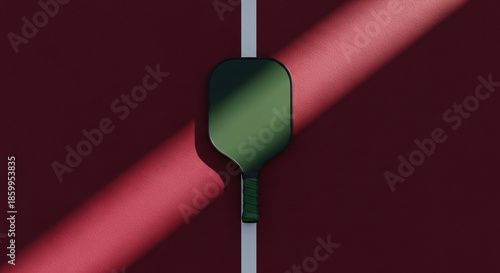 Dark green pickleball paddle resting on a vibrant maroon tennis court surface