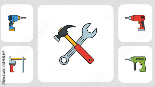 Crossed Hammer and Adjustable Wrench Icon.