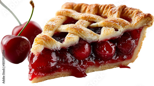 Wallpaper Mural Delicious cherry pie slice with fresh cherries on black background Torontodigital.ca