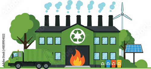 Eco friendly recycling factory illustration with garbage truck solar panel wind turbine and waste management conceptEco friendly recycling factory illustration with garbage truck solar panel wind turb