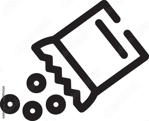 Candy bag vector icon featuring snacks spilling out of open packet in line art design style