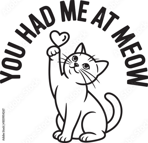 Cat kitten playing with heart shaped balloon line art vector illustration for pet lovers print