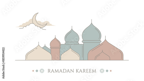 Ramadan Kareem Islamic Mosque Architecture with Crescent Moon.