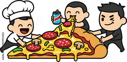 Group of friends sharing a giant pizza slice with a chef character for fun party and fast food conceptGroup of friends sharing a giant pizza slice with a chef character for fun party and fast food con