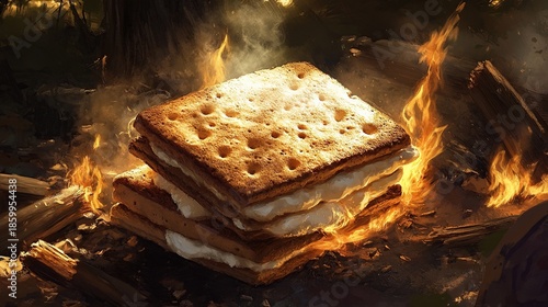A perfectly toasted marshmallow sandwich is engulfed in flames, creating a dramatic and surreal scene.
