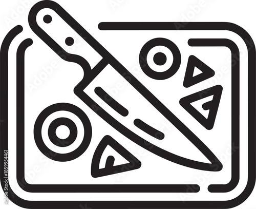 Cutting board with knife and vegetable slices for cooking preparation and culinary food concept