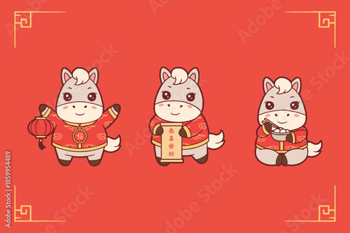 hand drawn bundle character horse for chinese new year illustrations, lunar new year set character horse