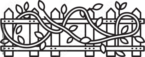 Garden fence with vine leaves vector illustration wooden picket border landscaping design art