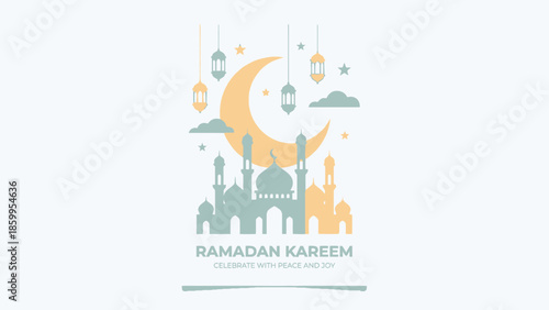 Ramadan Kareem Islamic Mosque Crescent Moon Lanterns Celebration.