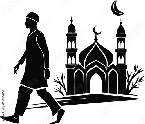 Silhouette Of A Person Walking Towards A Mosque For Evening Prayers
