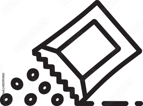 Open snack bag pouring round cereal pieces, black outline on transparent background, breakfast concept