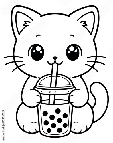 Cute line art illustration of a cat depicting drinking bubble tea for children's design