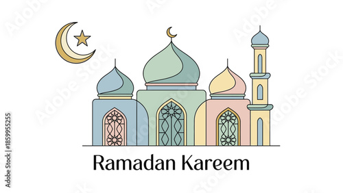 Ramadan Kareem mosque with crescent moon and star illustration.