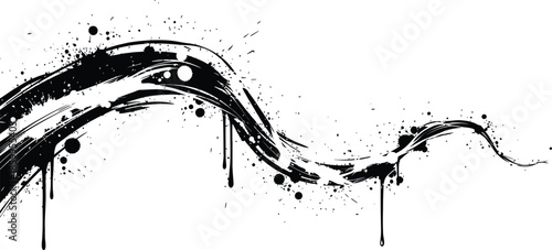 Black grunge ink wave element with splatter and dripping paint texture Monochromatic abstract brush stroke border graphic vector