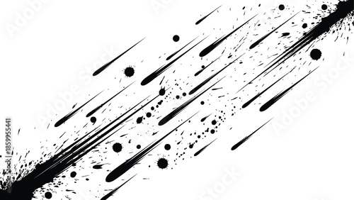 Dynamic ink splash burst with abstract grunge streaks and motion lines black and white vector background