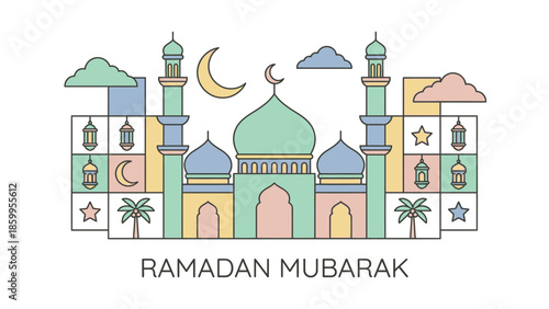 Ramadan Mubarak Mosque Illustration with Crescent Moon and Lanterns.